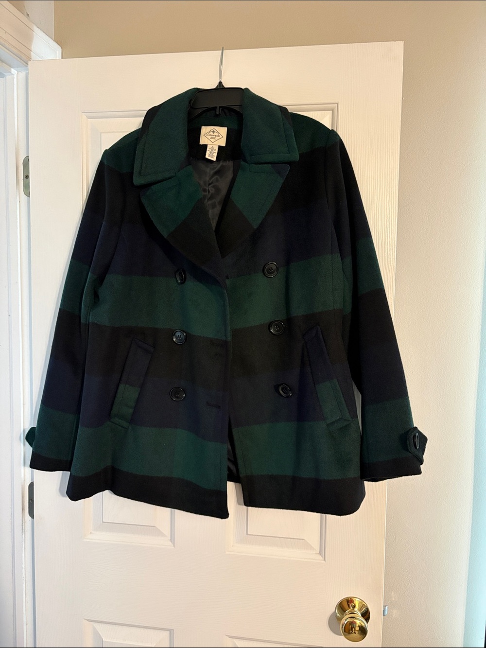 St. John's Bay Double-Breasted Striped Peacoat - Green & Navy Plaid